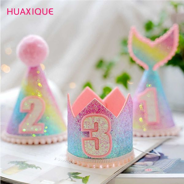 

1pcs 2nd 3rd year old number kids crown caps mermaid tail 1st birthday hats newborn baby party decorations