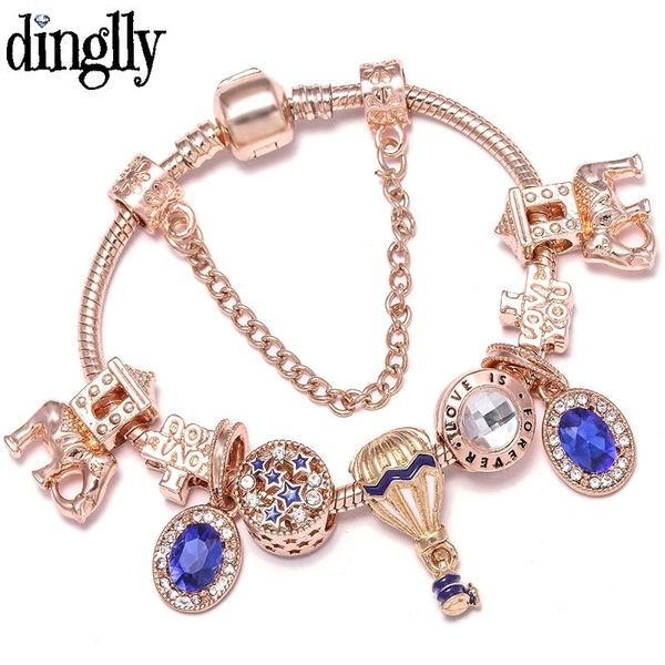 

charm bracelets blue air balloon crystal for women men original i love you elephant mount beaded rose gold bracelet bangle, Golden;silver