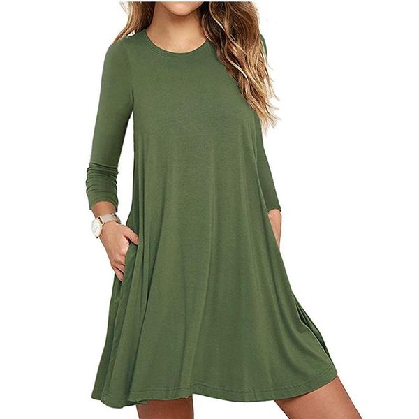 

casual dresses loose long sleeve women pocket dress solid color o-neck workout a line vestidos wl24, Black;gray