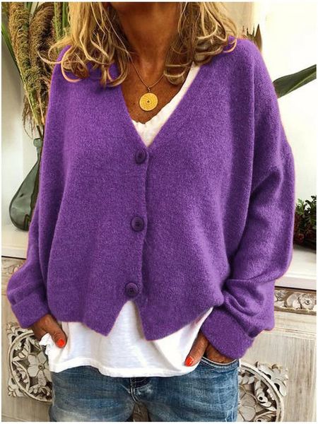 Maglia da donna T-shirt Maglione lavorato a maglia viola Donna Inverno Manica lunga Cardigan con scollo a V vintage Stile pigro Bottone 3XL di grandi dimensioni Donna Outdoor J