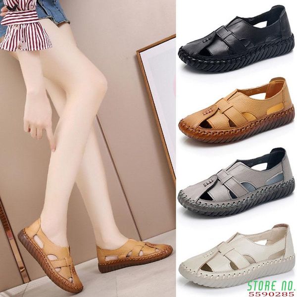 

sandals women's 2021 summer genuine leather handmade ladies shoe for women flats retro style mother shoes, Black