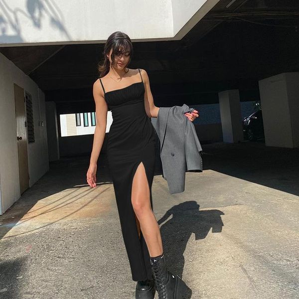 

casual dresses 2021 midi dress women summer sleeveless party lace up strap hight side split black backless long robe, Black;gray