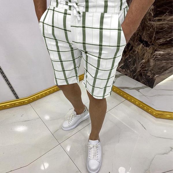 

men's shorts harajuku plaid print slim casual mens summer mid waist drawstring men short pant 2021 fashion straight streetwear, White;black