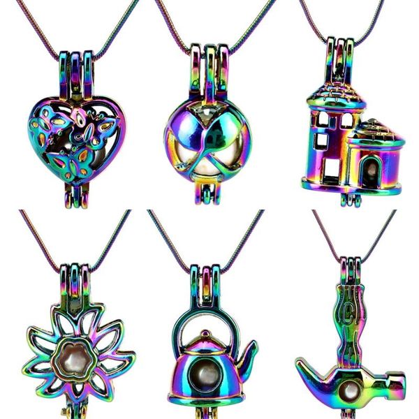 

pendant necklaces 22'' snake chain rainbow pearl cage butterfly castle hammer sunflower locket perfume diffuser stainless necklace, Silver