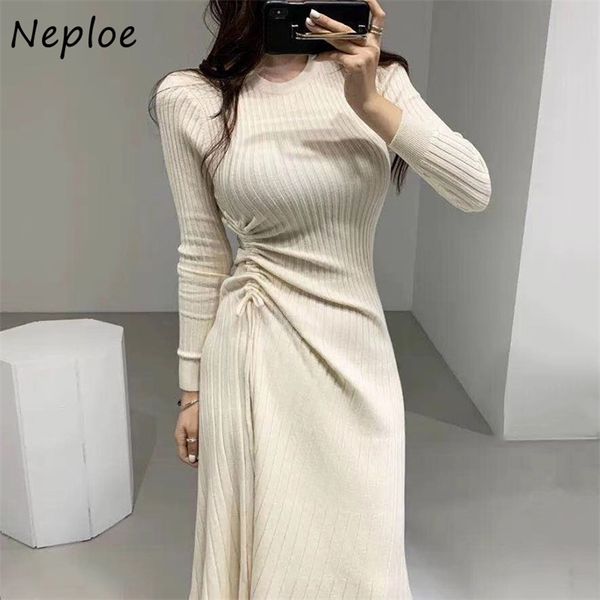 French Chic Plissed Drawing Dress Dress Mulheres O-pescoço Slim Fit Simples Malha Femme Vestidos Outono Cintura Alta A-Linha Vestidos 210422