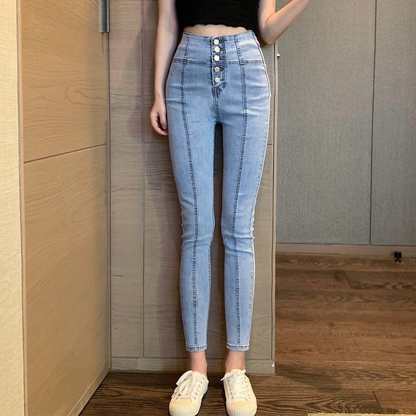 

autumn slim slimming light blue high waist abdomen feet pencil pants tight nine-point fashion wild 210423