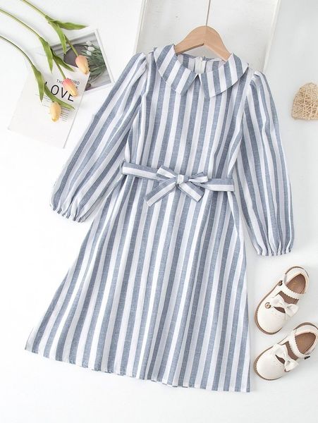 

girls striped print puff sleeve belted dress she, Red;yellow