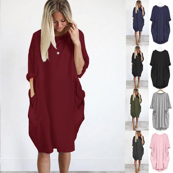 

autumn winter fashion loose pocket ladies solid crew neck casual long plus size dress boho m3 dresses, Black;gray