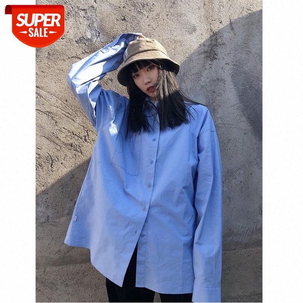 

men's and women's thin cotton os loose versatile college street long-sleeved blue shirt trend #lw0d, White