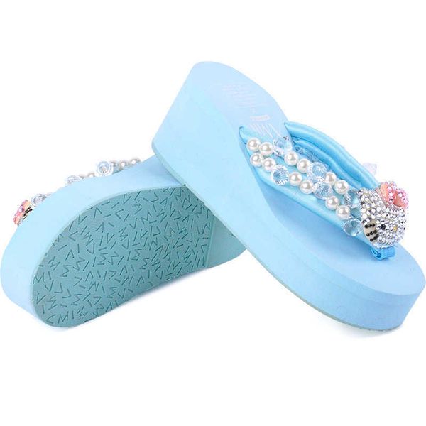 

muffin thick bottom herringbone slipper female cat rhinestone pearl high-heeled sandal beach resort non slip slippers, Black