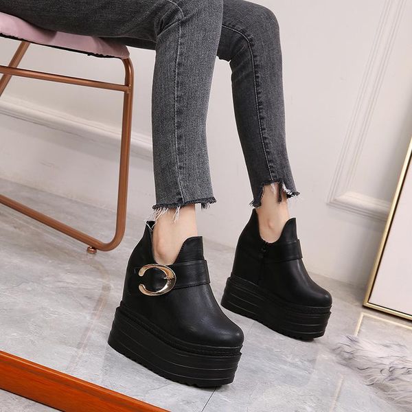

women's buckle platform boots, high zipper heels, rubber soles, spring and autumn shoes boots, Black