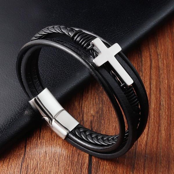 

charm bracelets classic men's leather bracelet cross design 3 colors stainless steel magnet bangle fashion christmas year gifts, Golden;silver