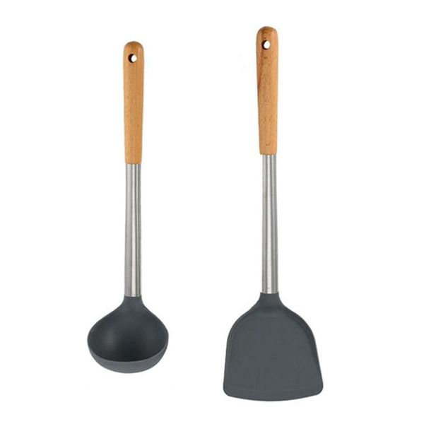 

spoons silicone slotted spatula and soup ladle set heat resistant deep spoon turner with wooden handle