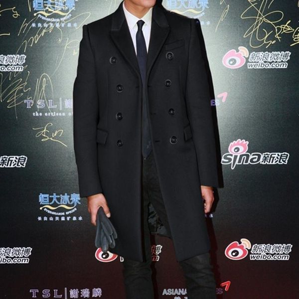 

men's wool & blends winter slim mid-length star double-breasted woolen coat jacket, Black