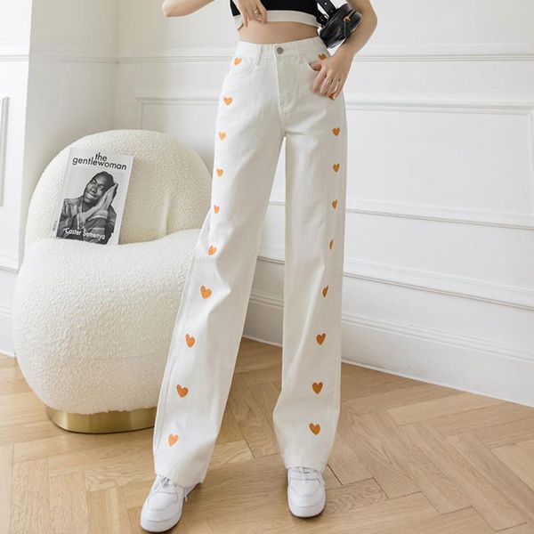 

women's jeans 2021 casual spring white love embroidery wide leg for women high waist loose summer denim straight pants femme, Blue