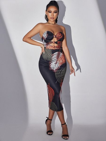 

sxy tropical print cut out bodycon tube dress q0pt#, Black;gray