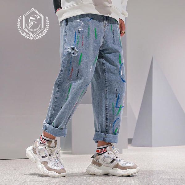 

men vintage loose staright harem jeans fashion ankle-length print hole jogger hip hop men's, Blue