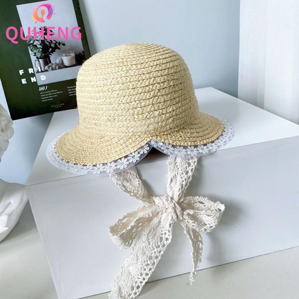 

wide brim hats quheng raffia hat exquisite lace ladies summer beach sunscreen fisherman rural style sun z143, Blue;gray