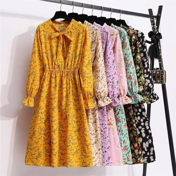 

spring summer korean style vintage women dresses floral printed cotton chiffon shirt long sleeve bow midi vestido, Black;gray