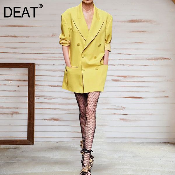 

deat women yellow pockets double breasted high waist dress new notched long sleeve loose fit fashion tide summer 7e1787 210428, Black;gray