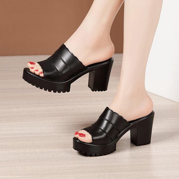 

slippers big size 32-43 open head block heel chunky platform summer shoes 2021 solid high heels slides women office ol fashion, Black