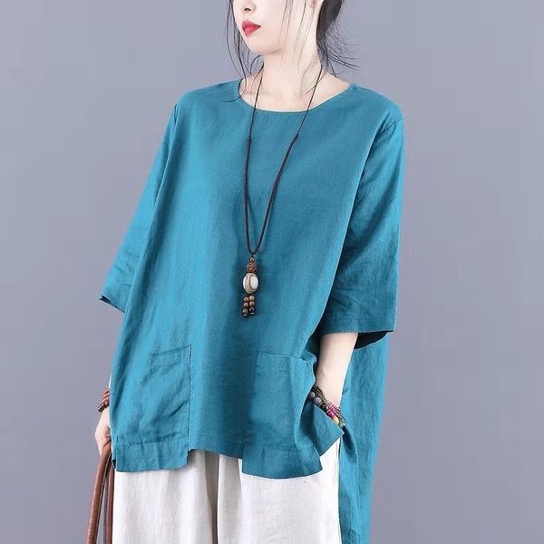 

women's t-shirt arrival summer women casual loose half sleeve o-neck t shirt asymmetry cotton linen pockets design t-shirt w250 4tj8, White