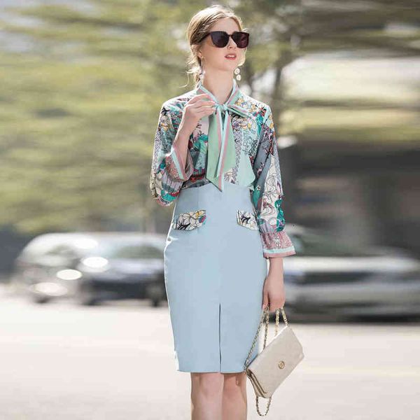 

long-sleeve bow stroke monobreasted impression thin-fitting flowers shirt share skirt pieces spring ensemble female, Black