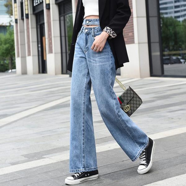

wide leg jean woman mom jeans pants boyfriend for women with high waist push up casual loose ladies denim trouser women's, Blue