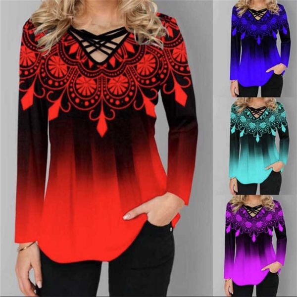 

fashion digital women's printing leisure long sleeve v-neck t-shirt, White
