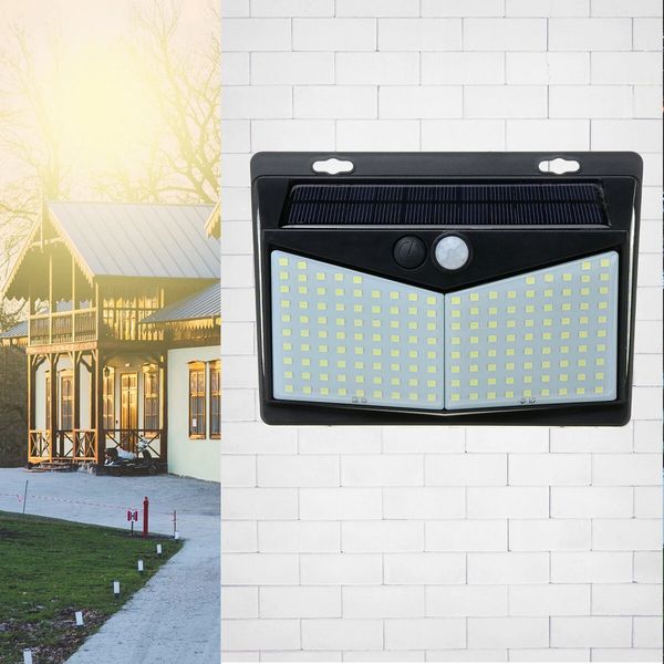 

208led solar powered wall light pir motion sensor outdoor garden 3 side lamp