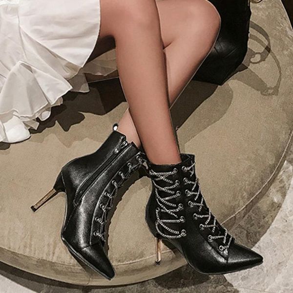 

boots ankle woman pointed toe high stiletto heels women punk cross tied zipper chain gothic shoes femme botines mujer, Black