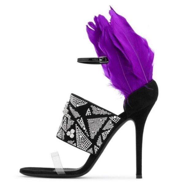 

purple feather woman sandals pvc strap high heels shoes crystal embellished cut-out dress thin summer, Black