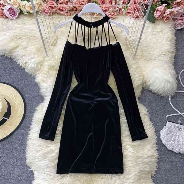 

strapless hanging neck female autumn winter slim bag hips was thin temperament dress velvet little black uk421 210506, Black;gray