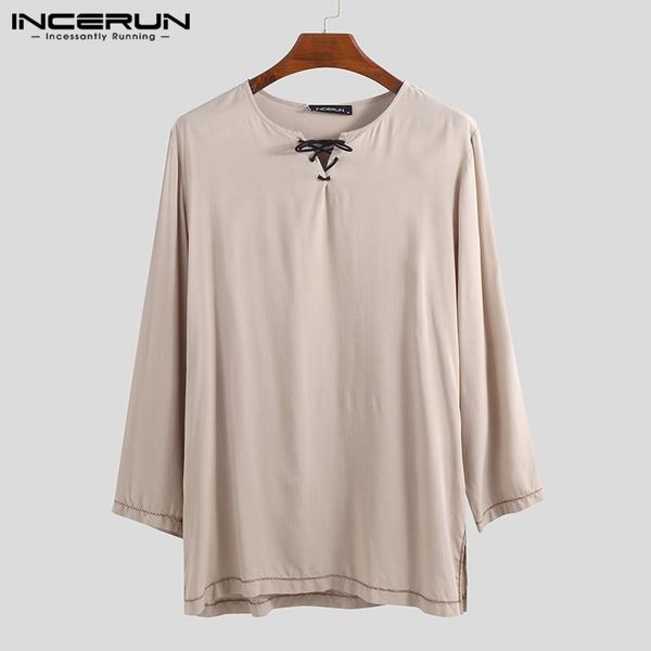 

vintage men casual shirt solid color v neck lace up retro blouse leisure streetwear autumn mens shirts camisas men's, White;black