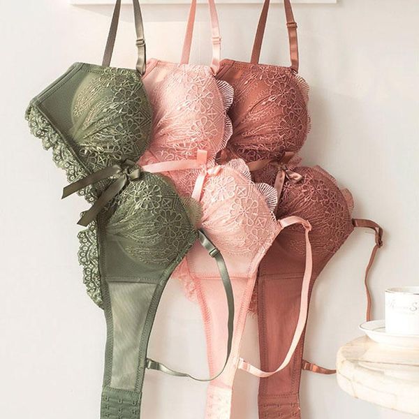 

bras sets roseheart winter women fashion green padded lace trim straps cotton panties push up bra set lingerie underwear, Red;black