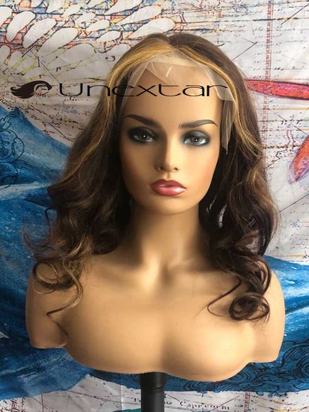 

180% highlight colored lace middle human hair wig for women front brazilian remy wavy wigs, Black;brown