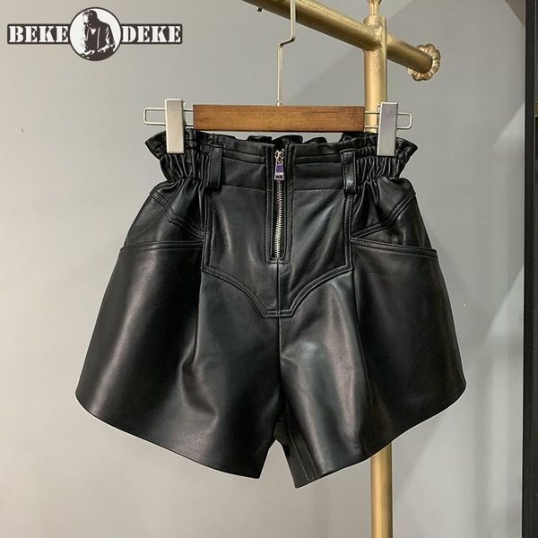 

women's shorts fashion women ruffles high waist wide leg loose fit casual ladies sheepskin genuine leather streetwear trousers, White;black