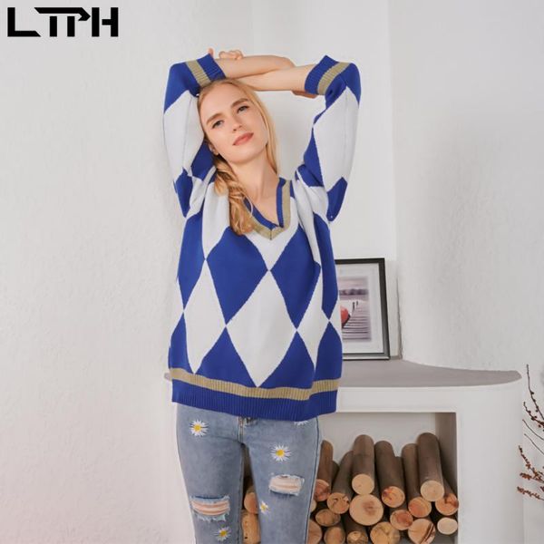 

women's sweaters ltph 2021 arrival autumn winter vintage geometryic splicing woman loose lazy style thick long sleeve pull-on sweater, White;black