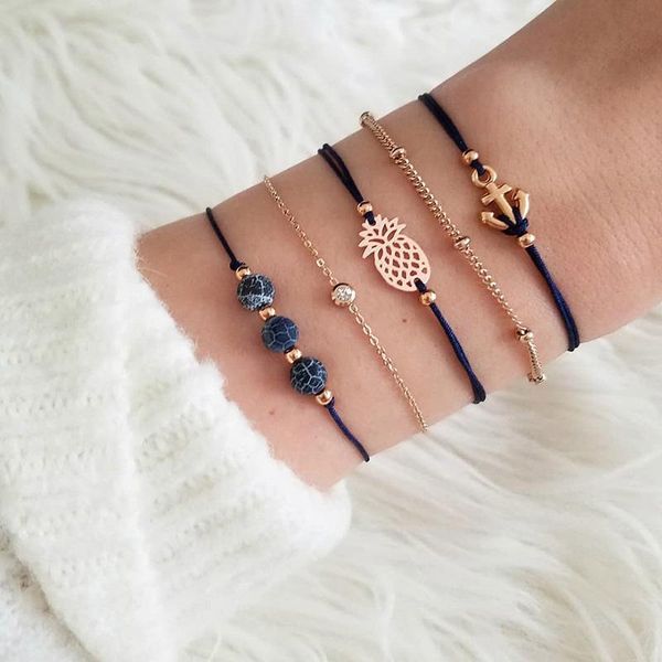 

link, chain 5 pcs/set black rope women bracelets sets stone texture beads hollow pineapple anchor crystal boho summer jewelry