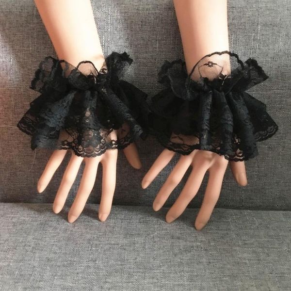 

five fingers gloves women fake hand sleeves wrist cuffs ruffled floral lace elastic bracelet steampunk lolita wedding party prom clothing, Blue;gray