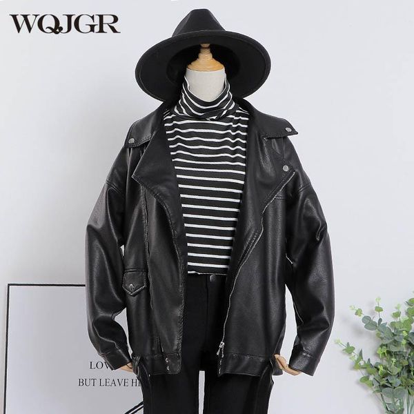 

women's jackets wqjgr spring autumn black and beige pu leather woman jacket zipper loose turn-down collar fashion, Black;brown