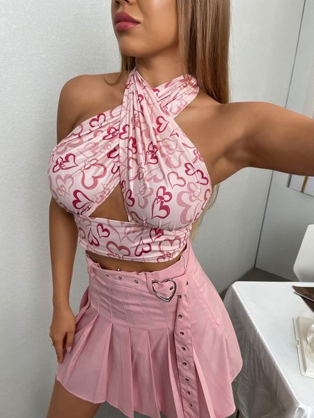 

allover heart print cut out wrap cross backless crop halter r8ni#, White