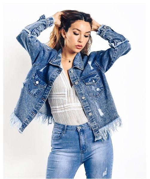 

women's jackets denim european and american 2021 loose bf wind fringed jacket blue, Black;brown