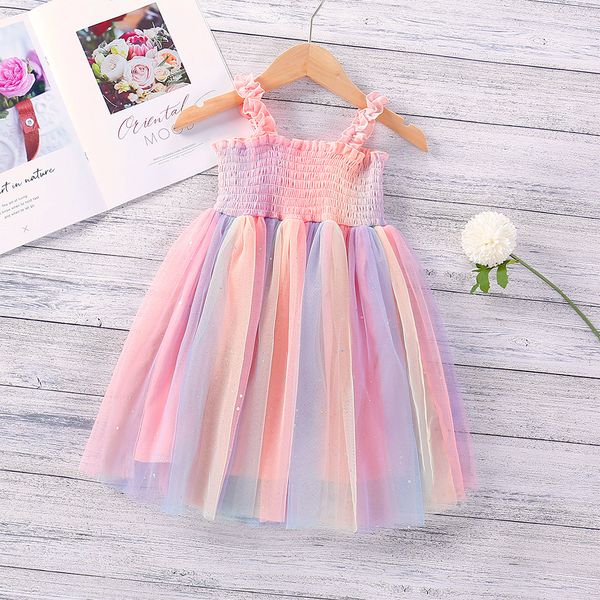 Bebek Kız Elbise Gökkuşağı Buruşuk Örgü Askı Prenses Elbiseler Parti Kolsuz Tül Etek Yaz Butik Bebek Giyim BT6507