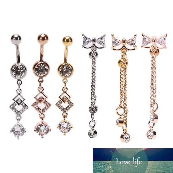 

1pc surgical steel crystal zircon flower heart leaf bow-knot dangle button navel piercing ring belly ring body jewelry, Silver