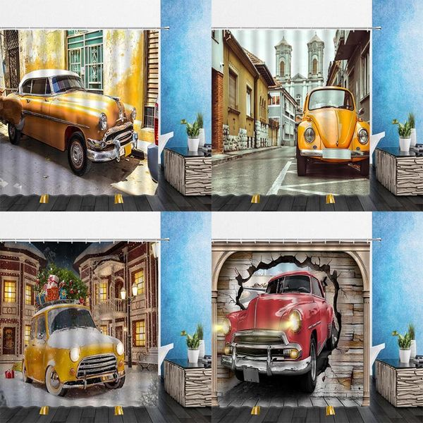 

car shower curtains yellow cars and bus street scenery bathroom decor waterproof polyester cloth hanging curtain set