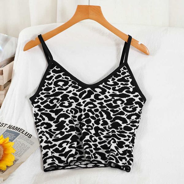 

retro chic leopard print short knitted camisole summer product 210709, White