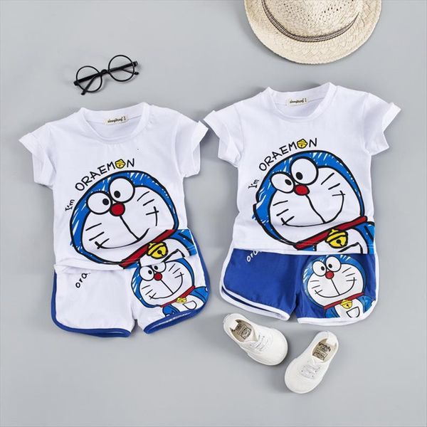 

doraemon cartoon baby girls boys clothes sets kids summer cotton t shirt short 2pcs tracksuits infant children clothing suits, White