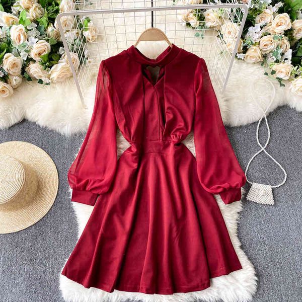 

dresses women design hollow korean sleeve o neck elegant solid a-line es autumn chic streetwear short, Black;gray