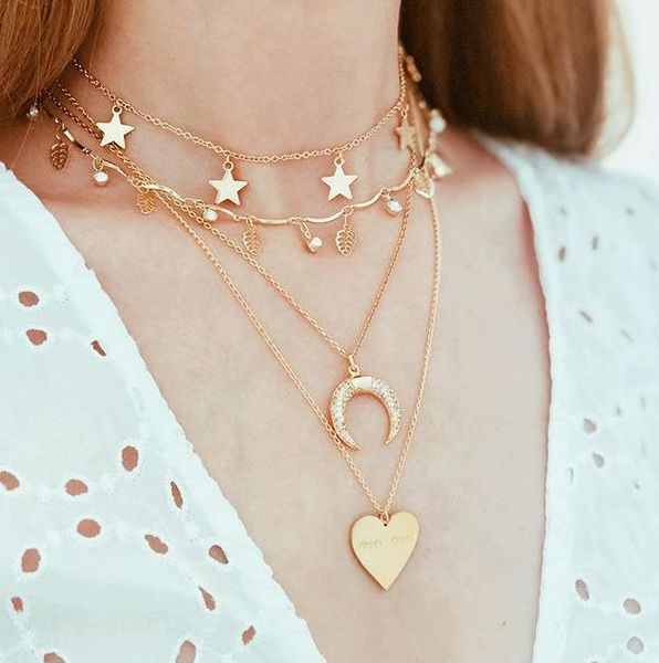 

bohemia heart crescent pendant necklace for women star tree leaf crystal tassel multilayer jewelry collares 8506 necklaces, Silver